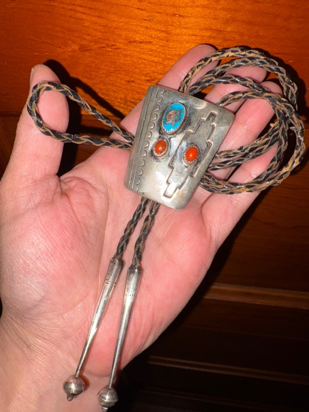 Southwestern Silver 925 Bolo Tie with Turquoise & Coral Stones